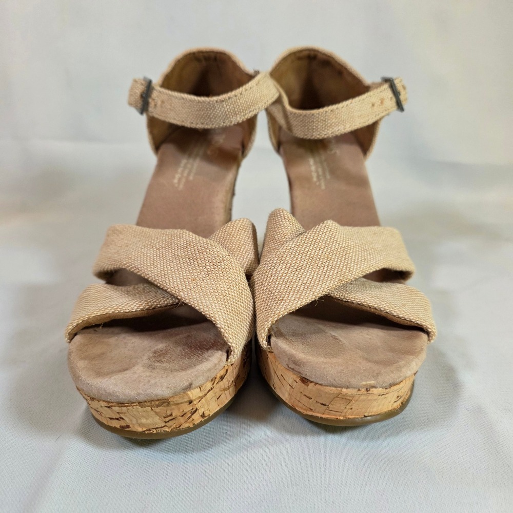 TOMS Sienna Cork Wedge Sandals Womens 6.5 Tan Natural Linen Adjustable Strap - Picture 2 of 5